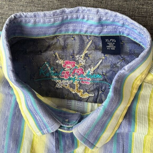Robert Graham Shirt Mens Stripe Flip Cuff Button Up Floral Embroidered Sz XL - Picture 5 of 15